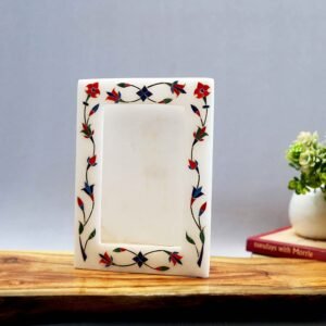 White Marble  multicolor Photo Frame - 8 "x6'' inch vertical- Handcrafted with Inlay Work Desk Picture Frame Showpiece for Home Decor, Table Decor and Gifts