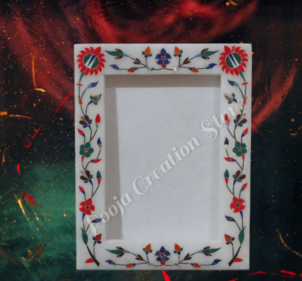 White Marble  multicolor Photo Frame - 7 "x5'' inch - Handcrafted with Inlay Work Desk Picture Frame Showpiece for Home Decor, Table Decor and Gifts - Image 2