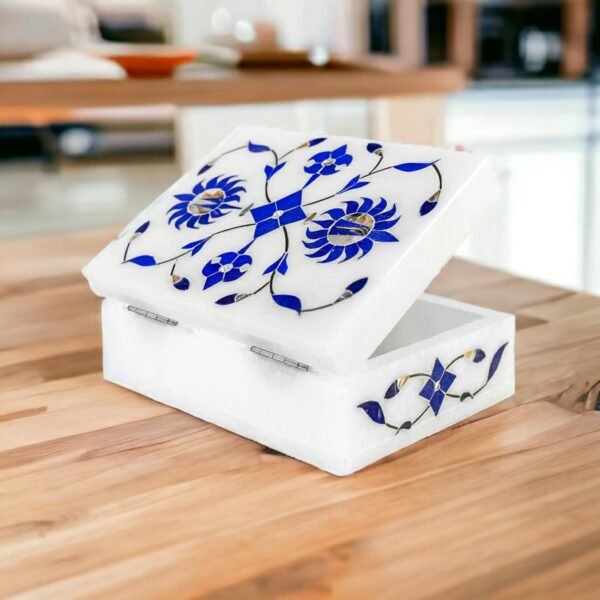 White Italian Marble Box – Stone Box – Pooja accessory - Hand Crafted box - Multi Purpose Use & Perfect Gifts for Women and Girls - jewelry box – Inlay work box- floral motifs - Image 2