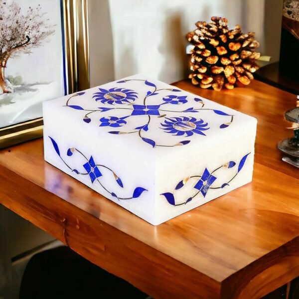 White Italian Marble Box – Stone Box – Pooja accessory - Hand Crafted box - Multi Purpose Use & Perfect Gifts for Women and Girls - jewelry box – Inlay work box- floral motifs