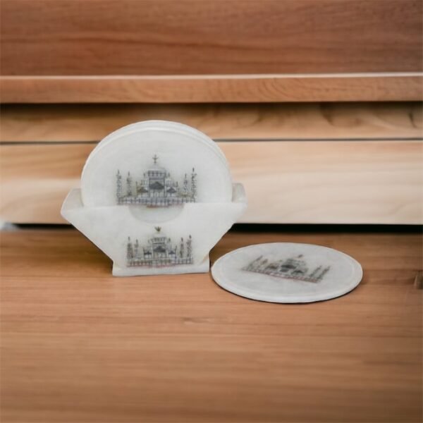 Marble Coasters with Stand Hand Carved Taj Mahal Inlay Work Home Decorative Handicraft Gift 6 Pcs Set - Image 4