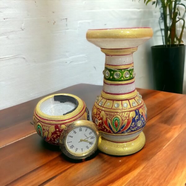 Decorative Pillar Shape Round Marble Clock for Home | Table Top Handicraft Home Decor Designers Watch with Rajasthani Meenakari Work for Office - Image 4