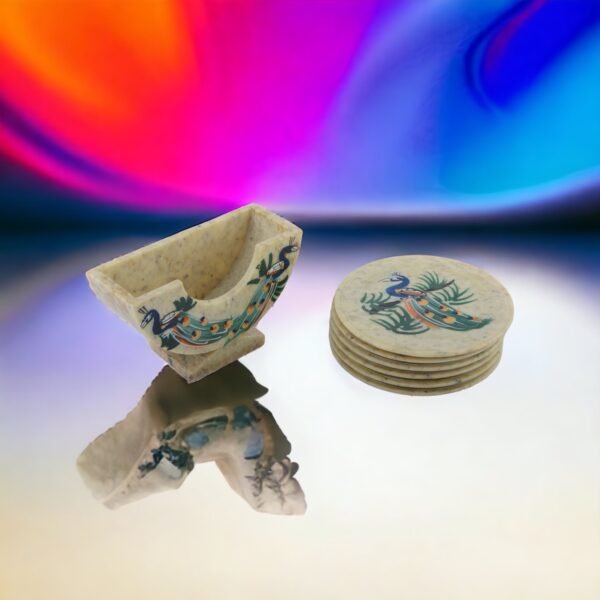 Soapstone Marble Handicrafts Lucky Peacock Bird Painting Tea Coaster Set With Holder Set Of 6 Plates. - Image 9