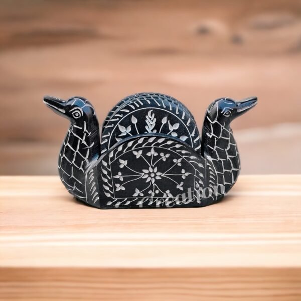 black soapstone marble coaster set in Duck Face ll Handmade Flower pattern Soapstone Tea and Coffee Coaster - Image 2