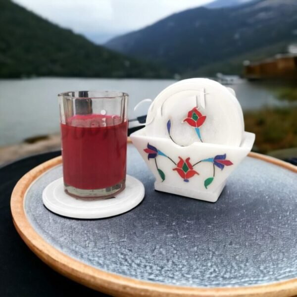 White Marble Tea CoaSter Set In Red Inlay Work for Table & Home Decorative Handicrafts Items - Image 2
