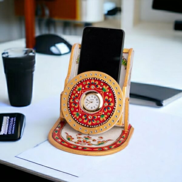 Decorative Mobile Stand Marble Clock for Home | Table Top Handicraft Home Decor Designers Watch with Rajasthani Meenakari Work and Office - Image 4