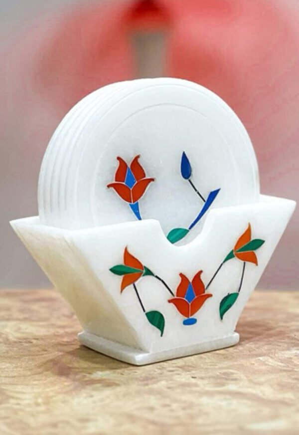White Marble Tea CoaSter Set In Red Inlay Work for Table & Home Decorative Handicrafts Items - Image 9