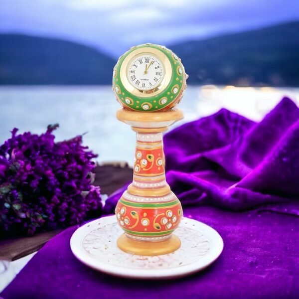 Decorative Pillar Shape Round Marble Clock for Home | Table Top Handicraft Home Decor Designers Watch with Rajasthani Meenakari Work for Office