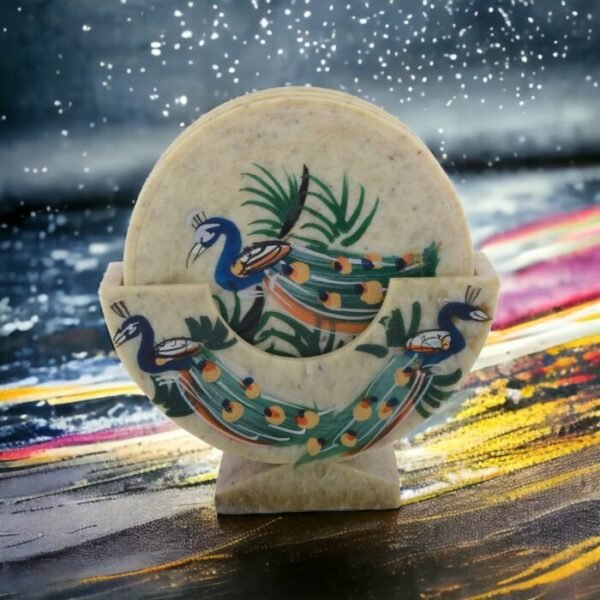 Soapstone Marble Handicrafts Lucky Peacock Bird Painting Tea Coaster Set With Holder Set Of 6 Plates.