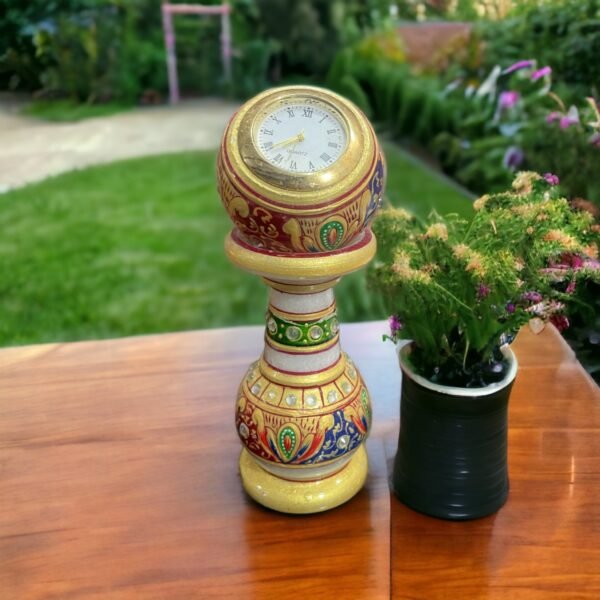 Decorative Pillar Shape Round Marble Clock for Home | Table Top Handicraft Home Decor Designers Watch with Rajasthani Meenakari Work for Office - Image 2
