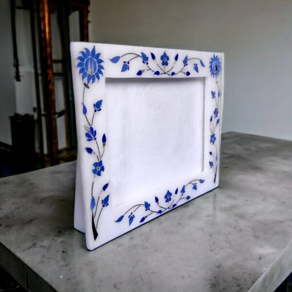 White Marble  Blue inlay Photo Frame - 8 "x6'' inch vertical- Handcrafted with Inlay Work Desk Picture Frame Showpiece for Home Decor, Table Decor and Gifts - Image 8