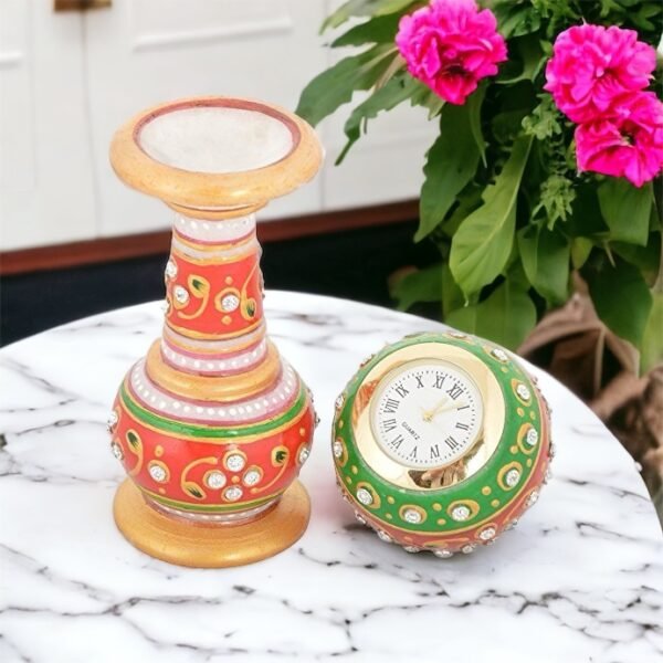 Decorative Pillar Shape Round Marble Clock for Home | Table Top Handicraft Home Decor Designers Watch with Rajasthani Meenakari Work and Office