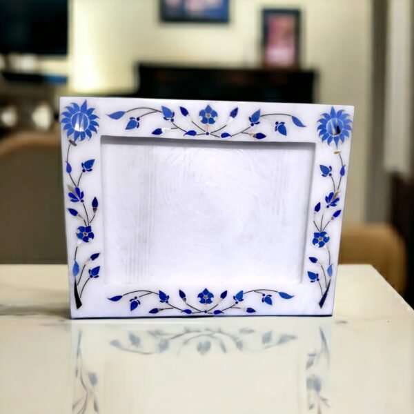 White Marble  Blue inlay Photo Frame - 8 "x6'' inch vertical- Handcrafted with Inlay Work Desk Picture Frame Showpiece for Home Decor, Table Decor and Gifts