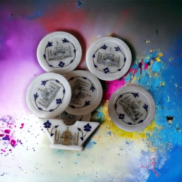 Marble Coasters with Stand Hand Carved Taj Mahal Inlay Work Home Decorative Handicraft Gift 6 Pcs Set - Image 6