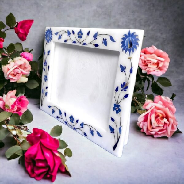 White Marble  Blue inlay Photo Frame - 8 "x6'' inch vertical- Handcrafted with Inlay Work Desk Picture Frame Showpiece for Home Decor, Table Decor and Gifts - Image 10