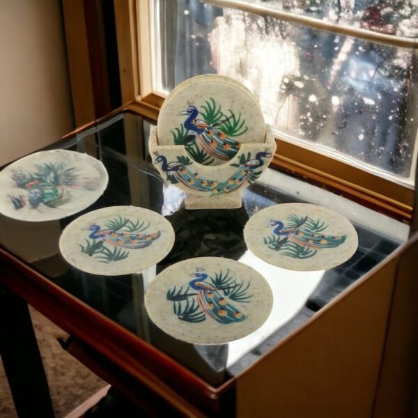 Soapstone Marble Handicrafts Lucky Peacock Bird Painting Tea Coaster Set With Holder Set Of 6 Plates. - Image 5