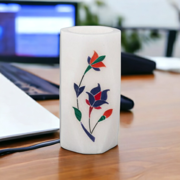 Indian Handmade White Marble Pen Stand inlay work Design For Office Table Decor & Gift Item- 4 in - Image 2