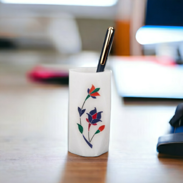 Indian Handmade White Marble Pen Stand inlay work Design For Office Table Decor & Gift Item- 4 in