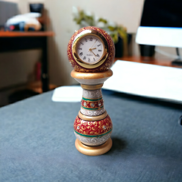 Decorative Pillar Shape Round Marble Clock for Home | Table Top Handicraft Home Decor Designers Watch with Rajasthani Meenakari Work for Office