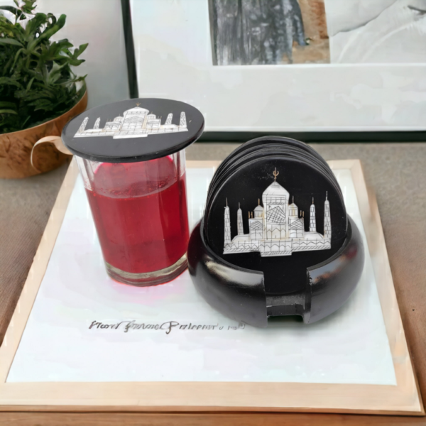 Marble Coasters with Stand Hand Carved Taj Mahal Inlay Work Home Decorative Handicraft Gift 6 Pcs Set - Image 2