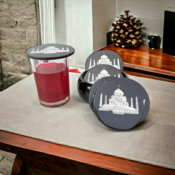 Marble Coasters with Stand Hand Carved Taj Mahal Inlay Work Home Decorative Handicraft Gift 6 Pcs Set - Image 8