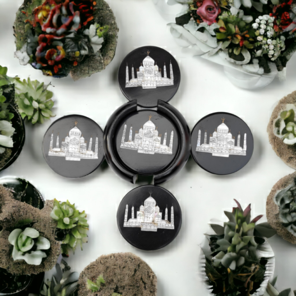 Marble Coasters with Stand Hand Carved Taj Mahal Inlay Work Home Decorative Handicraft Gift 6 Pcs Set - Image 10