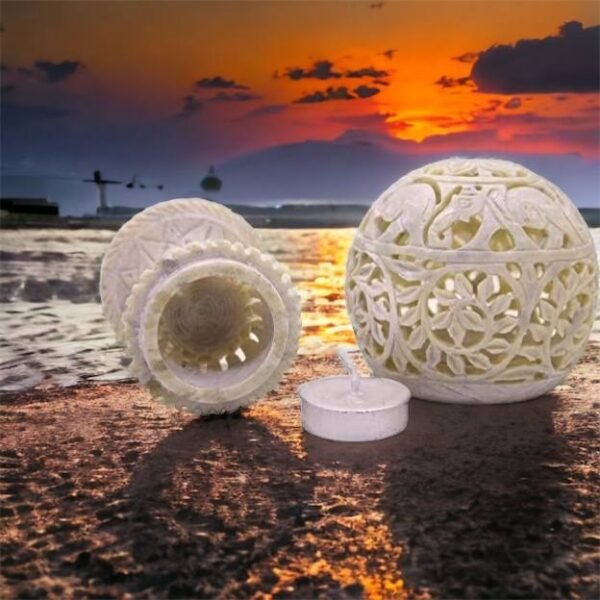 Handicrafts Gifts Hand Carved Globe Shaped Candle Holder Tea Lights Lamps Soapstone Carving Lattice Design Home Accent Decorative Table Top Accessory Small Ball 3.5 inch - Image 2