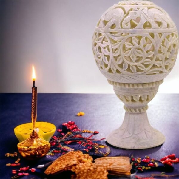 Handicrafts Gifts Hand Carved Globe Shaped Candle Holder Tea Lights Lamps Soapstone Carving Lattice Design Home Accent Decorative Table Top Accessory Small Ball 3.5 inch