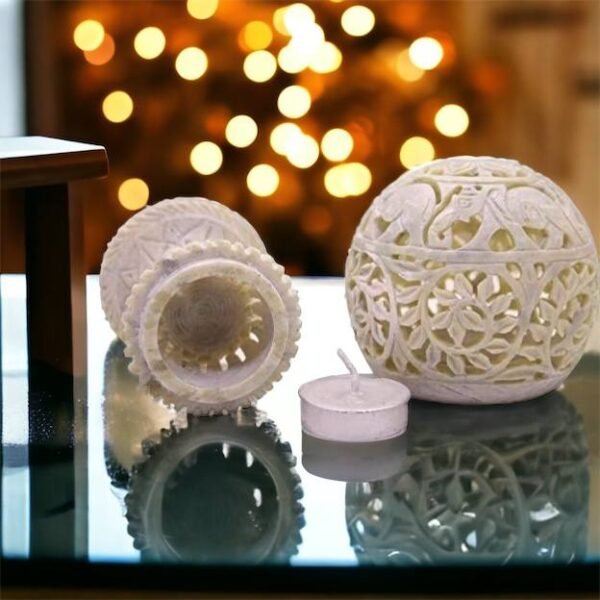 Handicrafts Gifts Hand Carved Globe Shaped Candle Holder Tea Lights Lamps Soapstone Carving Lattice Design Home Accent Decorative Table Top Accessory Small Ball 3.5 inch - Image 3
