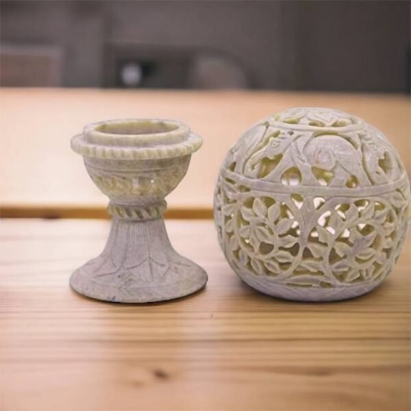 Handicrafts Gifts Hand Carved Globe Shaped Candle Holder Tea Lights Lamps Soapstone Carving Lattice Design Home Accent Decorative Table Top Accessory Small Ball 3.5 inch - Image 4