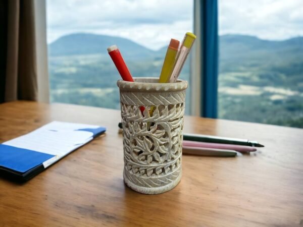 Indian Handmade White Marble SoapStone Pen Stand Carwing Design For Office Table Decor & Gift Item. - Image 4