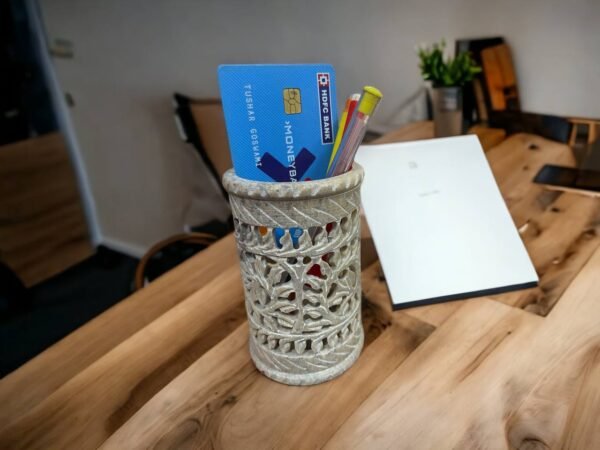 Indian Handmade White Marble SoapStone Pen Stand Carwing Design For Office Table Decor & Gift Item. - Image 2