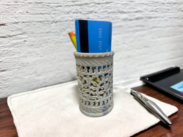 Indian Handmade White Marble SoapStone Pen Stand Carwing Design For Office Table Decor & Gift Item. - Image 3