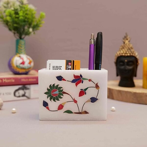 Indian Handmade White Marble Inlay Work Pen and Cards Holder For Office Table Decor & Gift Item- 3-4 in - Image 3