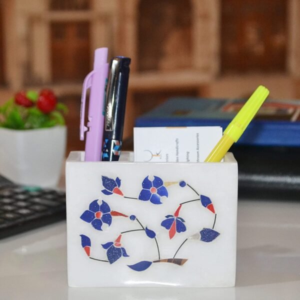 Indian Handmade White Marble Inlay Work Pen and Cards Holder For Office Table Decor & Gift Item- 3-4 in - Image 5