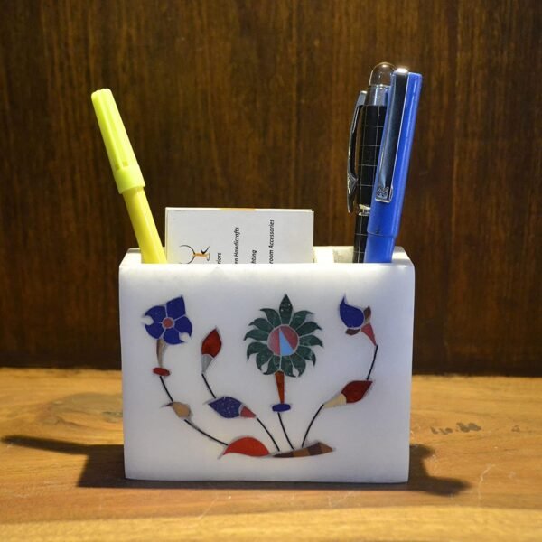 Indian Handmade White Marble Inlay Work Pen and Cards Holder For Office Table Decor & Gift Item- 3-4 in - Image 4