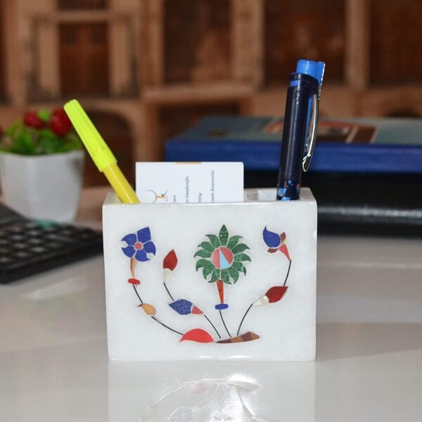 Indian Handmade White Marble Inlay Work Pen and Cards Holder For Office Table Decor & Gift Item- 3-4 in - Image 6
