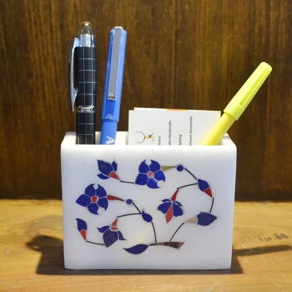Indian Handmade White Marble Inlay Work Pen and Cards Holder For Office Table Decor & Gift Item- 3-4 in - Image 7