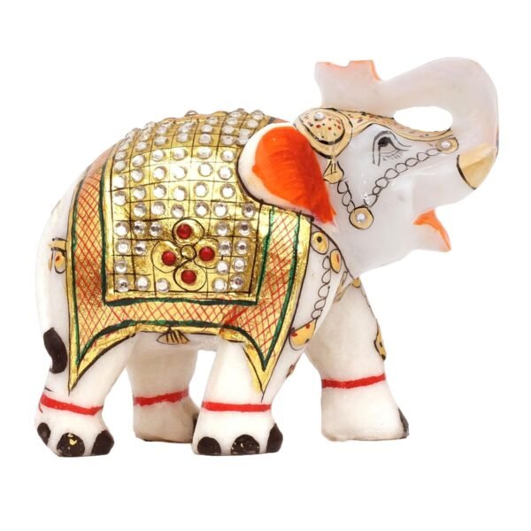 Pooja Creation White Marble Gold Painted Elephant Showpieace and Decorative Item 4 inch-Single Pc - Image 4