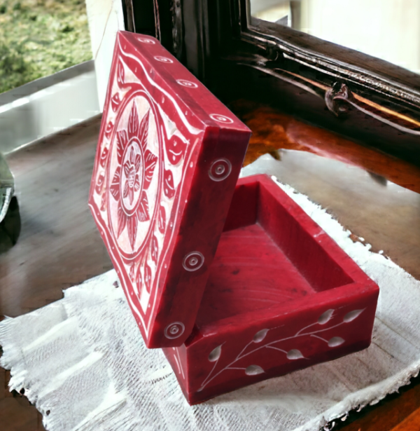 Pcs Handmade Soapstone Flower Carwing Work Jewellery Box for Multi Purpose Use and Perfect Gift for Women and Girls-4x3x1.5 inch - Image 4