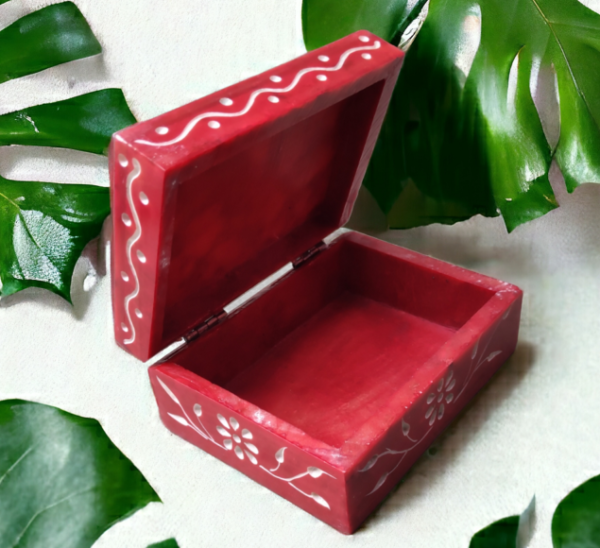 Pcs Handmade Soapstone Flowers Carwing Work Red Jewellery Box for Multi Purpose Use and Perfect Gift for Women and Girls-4x3x1.5 inch - Image 5