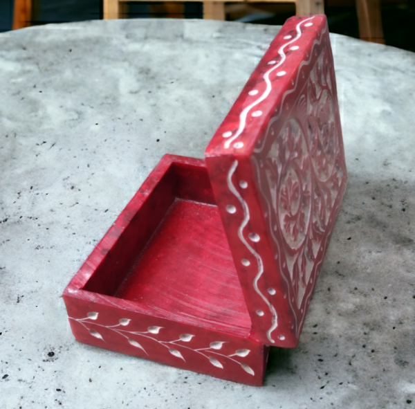 Pcs Handmade Soapstone Flowers Carwing Work Red Jewellery Box for Multi Purpose Use and Perfect Gift for Women and Girls-4x3x1.5 inch - Image 4