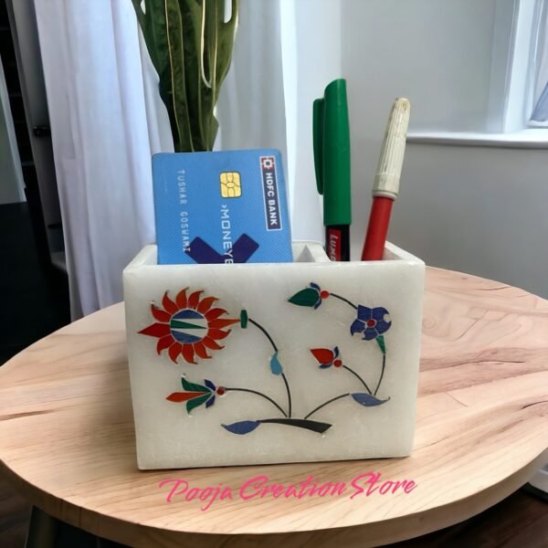 White Marble Inlay Work Pen Stand