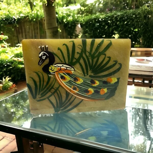 Indian Handmade White Soapstone Pen and Cards Holder inlay Birds painted work Design For Office Table Decor & Gift Item - 4 in - Image 2