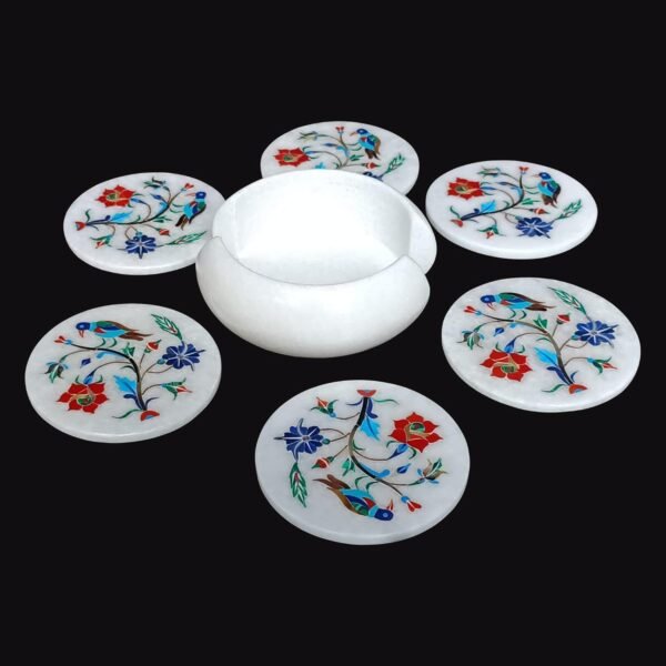 Marble Coasters with Stand Hand Carved Bird Inlay Work Home Decorative Handicraft Gift 6 Pcs Set - Image 6