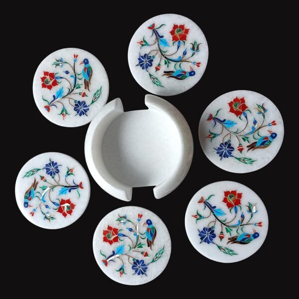 Marble Coasters with Stand Hand Carved Bird Inlay Work Home Decorative Handicraft Gift 6 Pcs Set - Image 2