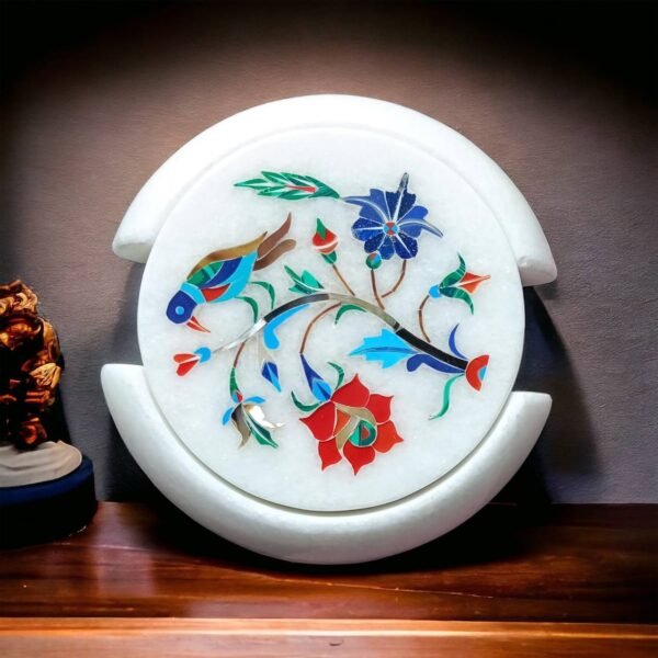 Marble Coasters with Stand Hand Carved Bird Inlay Work Home Decorative Handicraft Gift 6 Pcs Set