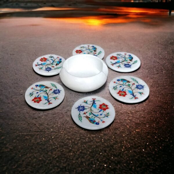 Marble Coasters with Stand Hand Carved Bird Inlay Work Home Decorative Handicraft Gift 6 Pcs Set - Image 5