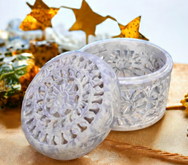 Handicrafts Marble Carwing Work Round Jewellery Box for Multi Purpose Use and Perfect Gift for Women and Girls-3.5 inch - Image 3