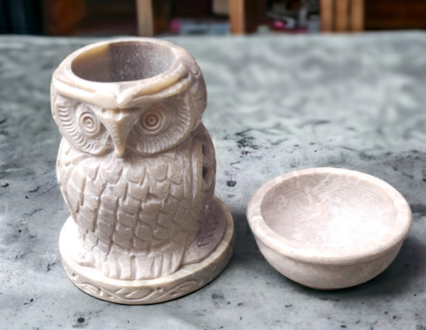 Pcs Marble Soapstone Owl Handcrafted Aroma Oil Diffuser Burner Stands with  Tea Light Fragrance Oil Burner  (4 x 2.75 x 4.5 inch, Beige) - Image 3